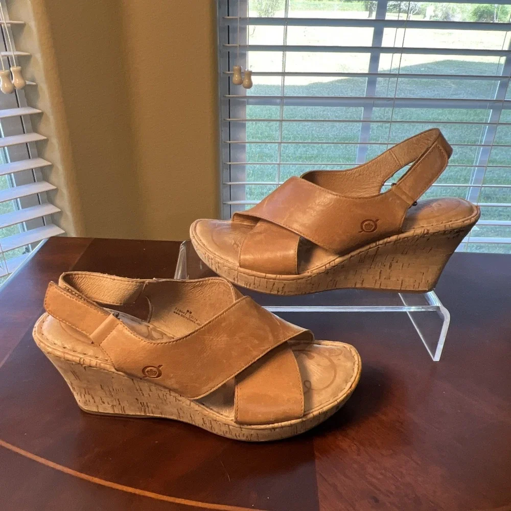 Born Tan Leather Cork Wedge Sandals Women Sz 9 Boho F19641 Comfort High Heel